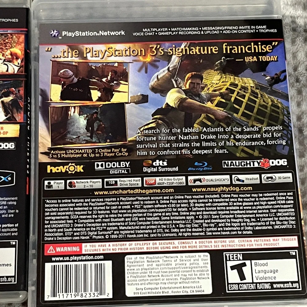 Uncharted PS3 Game Collection by Naughty Dog 3 Discs 1, 2, &3 EUC PlayStation